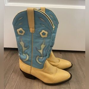 Vintage Floral Inlay Yellow/Blue Leather Cowboy Boot - 6.5